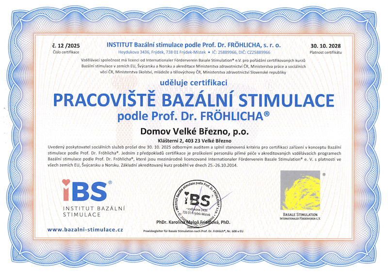 Certifikát pracoviště Bazální stimulace