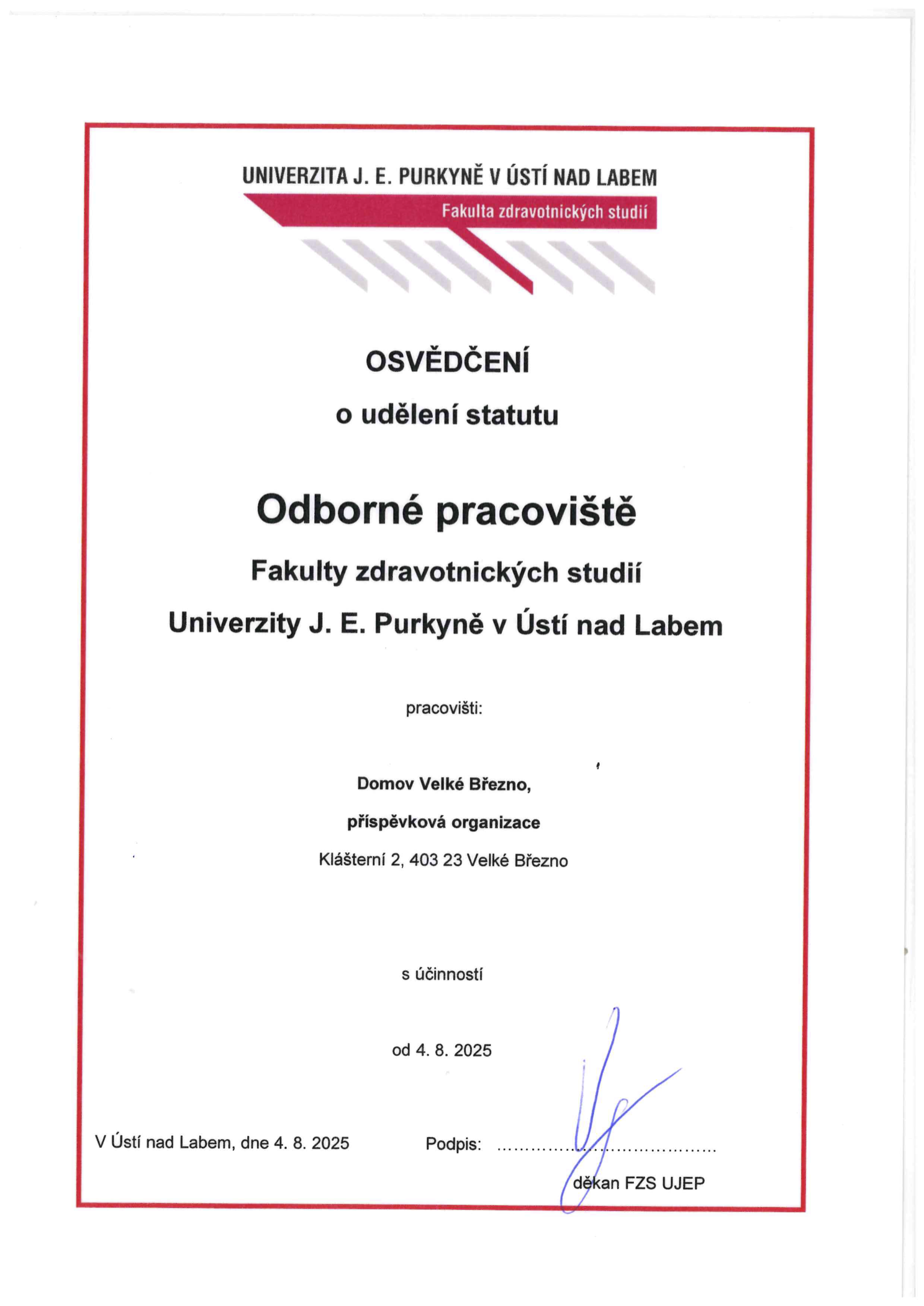 Osvědčení o udělení statutu