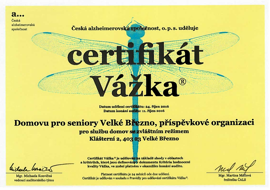 Certifikát Vážka